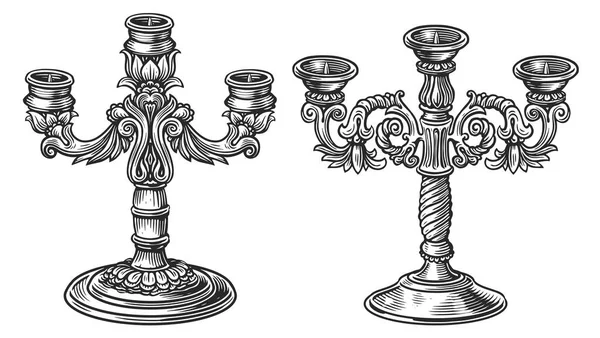 Old Candlestick Candles Engraving Style Lighting Chandelier Sketch Vintage Vector — Stock Vector