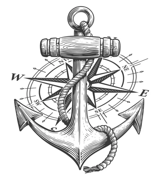 Compass Rose Wind Anchor Rope Vintage Engraving Style Marine Emblem — Stock Vector