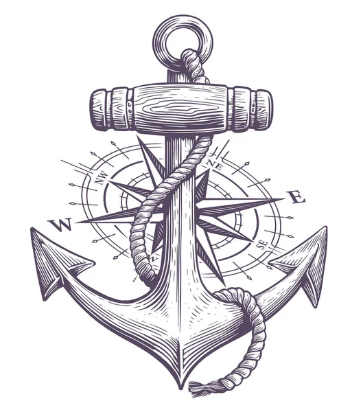Anchor Rope Nautical Compass Drawn Engraving Style Sketch Vintage Vector — Stock Vector