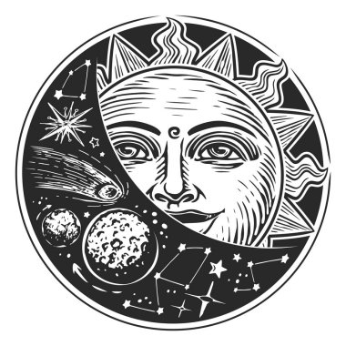 Uzayda güneş ve yıldızlar. Astroloji konsepti. Eski gravür tarzında illüstrasyon