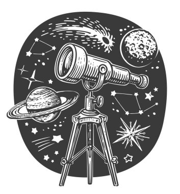 Teleskop, yıldızlar ve gezegenler. Astronomi konsepti. Uzay keşfi illüstrasyonu