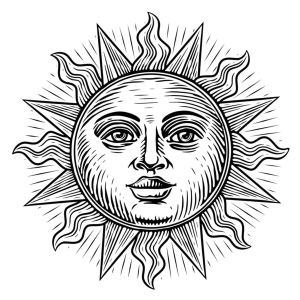 Glowing Sun Face Hand Drawn Illustration Boho Style Mystical Design — Stock Photo, Image