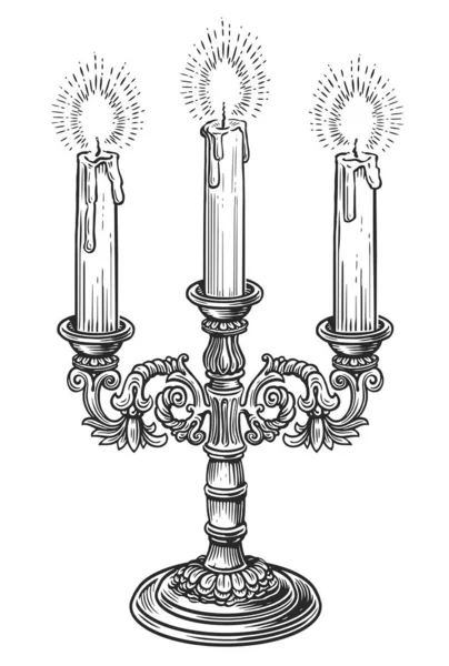 烛台上有三支燃烧的蜡烛 古色古香的灯笼素描 刻字风格 — 图库照片