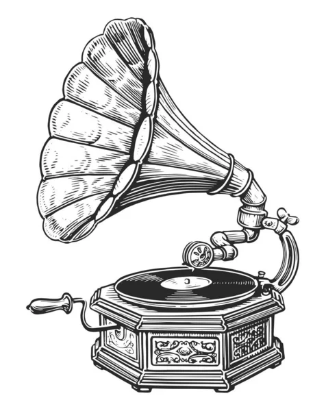 Jugador Gramófono Vintage Con Ilustración Dibujada Mano Vinilo Dispositivo Música —  Fotos de Stock