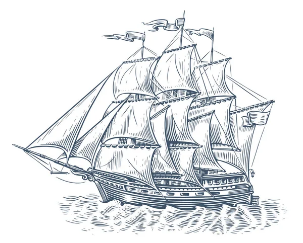 Ilustracja Szkicu Statku Żaglowego Żaglówka Żagle Falach Morskich Stylu Vintage — Zdjęcie stockowe