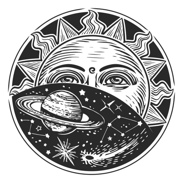 Exploration Spatiale Concept Astronomie Soleil Étoiles Planètes Style Gravure Illustration — Photo