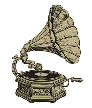 Pirinç korna hoparlörlü eski ahşap müzik gramofonu. Klasik turntable. Çizim vektör illüstrasyonu