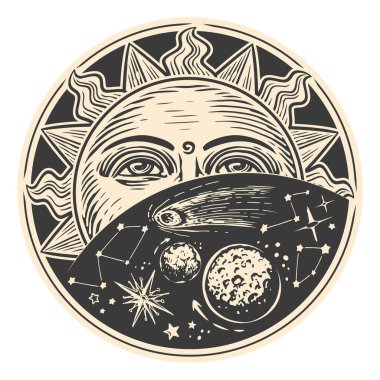 Uzayda güneş ve yıldızlar. Astroloji konsepti. Vintage oymacılık tarzında vektör illüstrasyonu