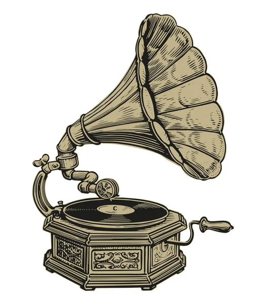 Retro Drewniany Gramofon Muzyczny Mosiężnym Głośnikiem Rogu Vintage Gramofon Ilustracja — Wektor stockowy