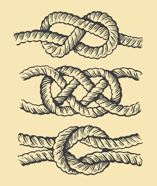 Set Ship Rope Knots Vintage Sketch Vector Illustration Engraving Style — Stock Vector