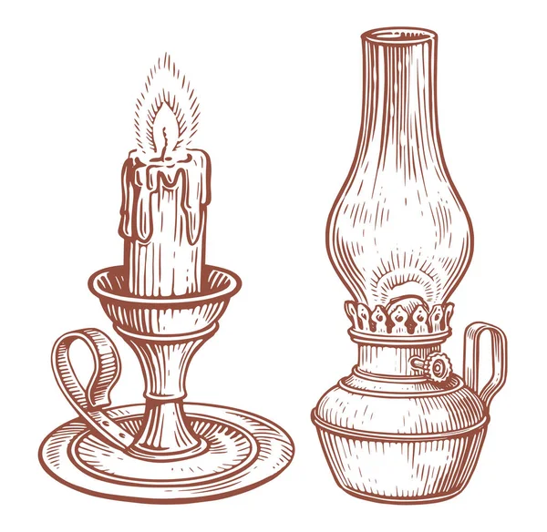 Candlestick Burning Candle Old Kerosene Lamp Hand Drawn Sketch Engraving — Stock Vector