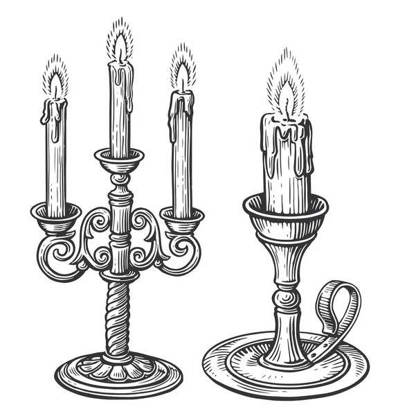 烛台上的烛台以老式雕刻风格燃烧 Candelabrum草图矢量图 — 图库矢量图片