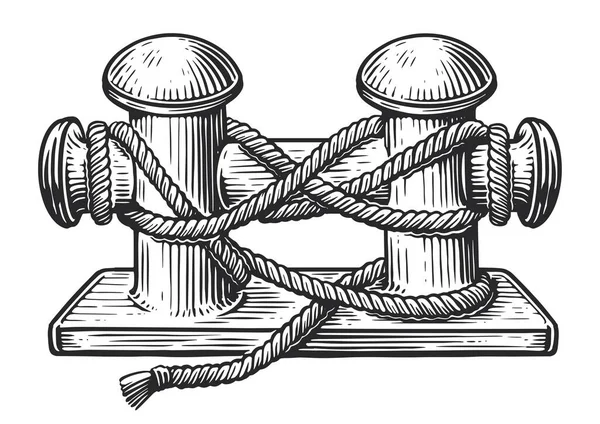 ピアに縛られたロープを持つ古い海洋ボラード 手描きのスケッチヴィンテージベクターイラスト — ストックベクタ