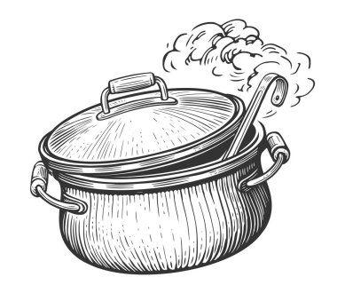 Kitchen pot with lid and ladle. Cooking food. Sketch illustration vintage engraving style clipart