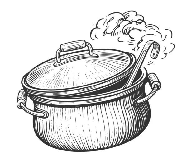 Kapaklı Kepçeli Mutfak Tenceresi Yemek Pişirmek Çizim Illüstrasyon Vintage Gravür — Stok fotoğraf
