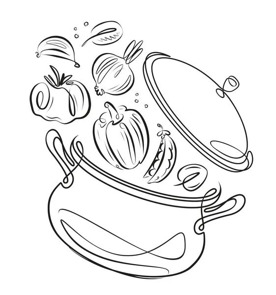 Świeże Warzywa Garnek Pokrywką Gotowanie Koncepcja Jedzenia Ilustracja Stylu Linii — Zdjęcie stockowe