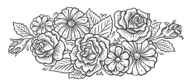 Çiçekler. Çizim tarzında yaprak çizilmiş kır çiçekleri. Çiçek desenli taslak, klasik vektör çizimi