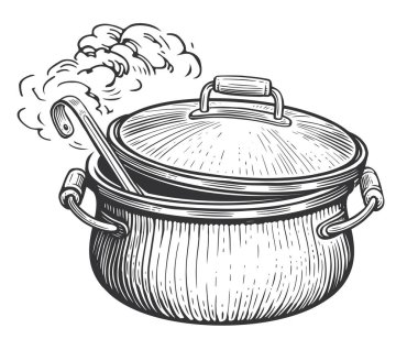 Cooking food. Kitchen pot with lid and ladle. Sketch vintage vector illustration clipart