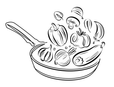 Sebzeler kızartma tavasına düşüyor. Sağlıklı beslenme, vejetaryen yemekleri. Pişirme vektörü çizimi