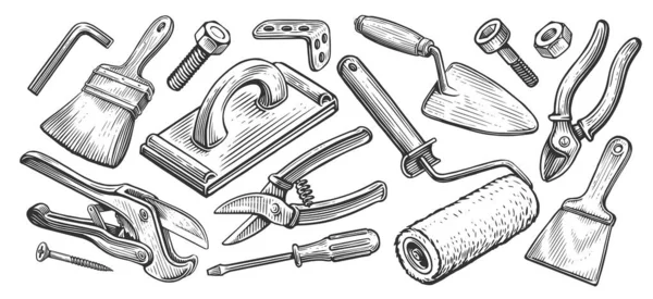 Conjunto Herramientas Materiales Construcción Reparación Concepto Trabajo Doméstico Dibujo Vector — Archivo Imágenes Vectoriales