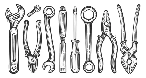 Working Tools Set Repair Construction Supplies Collection Sketch Vintage Vector — Stock Vector