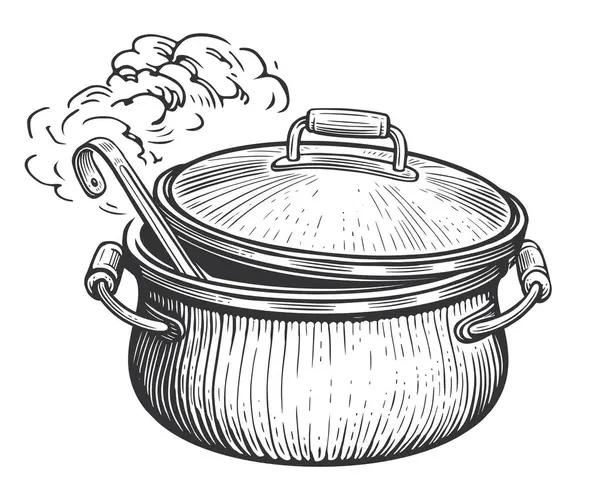 Eten Koken Keukenpot Met Deksel Lepel Schets Vintage Vector Illustratie — Stockvector