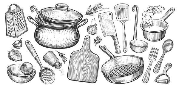 Set Keukengerei Voor Het Koken Voedselconcept Schets Vintage Vector Illustratie — Stockvector