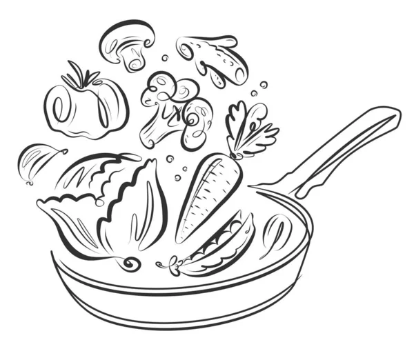 新鮮な食材とフライパン 食べ物の準備 野菜とスパイス クッキングコンセプトベクターイラスト — ストックベクタ