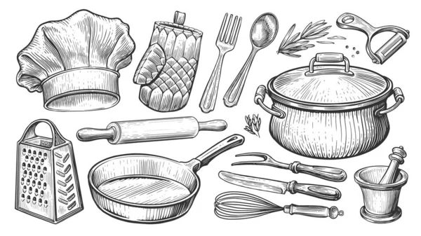 Σκέψη Μαγειρικής Σύνεργα Κουζίνας Vintage Στυλ Χαρακτικής Εικονογράφηση Διανύσματος Σκετς — Διανυσματικό Αρχείο