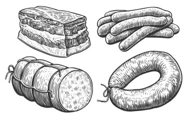 Sosis, salam, barbekü şarküsü, domuz yağı. Et ürünleri seti. Çizim illüstrasyon gravür biçimi