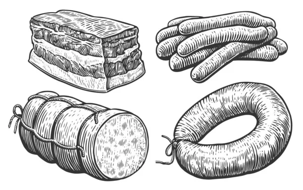 Kiełbasa Gotowanie Salami Grillowe Delikatesy Smalec Zestaw Produktów Mięsnych Rysunek — Zdjęcie stockowe