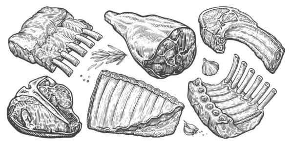 Stek Żeberka Szynka Ilustracja Bekonu Kawałki Surowego Mięsa Wiejskiego Ręcznie — Zdjęcie stockowe