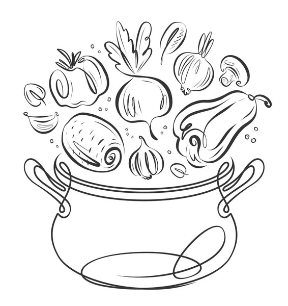 野菜が鍋に入ってくる 健康的な食事 ベジタリアン料理 クッキングベクトルイラスト — ストックベクタ