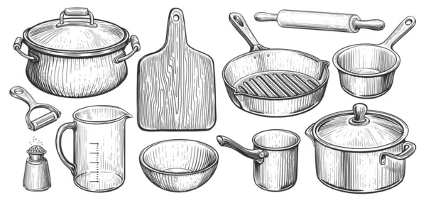 Utensílios Cozinha Estilo Vintage Gravura Conceito Cozinha Desenho Ilustração — Fotografia de Stock