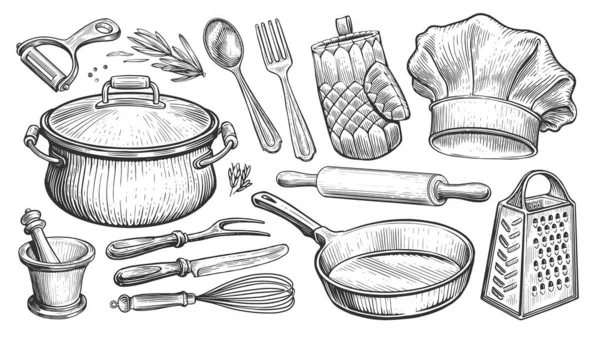 炊具一套炊具 食物概念 餐厅或餐厅菜单的素描古董插图 — 图库照片