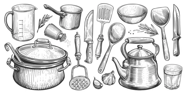 Set Utensilios Cocina Para Cocinar Dibujo Ilustración Vintage Para Restaurante — Foto de Stock