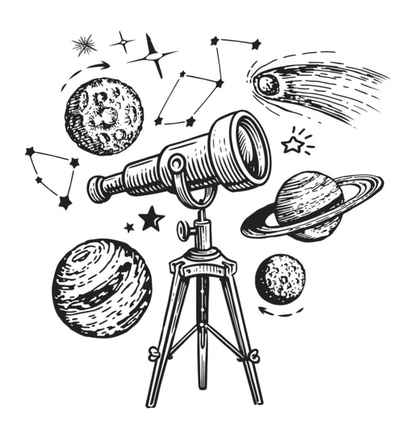 Телескоп Зірки Планети Астрономія Концепція Дослідження Космосу Ескізна Ілюстрація Вінтажного — стокове фото