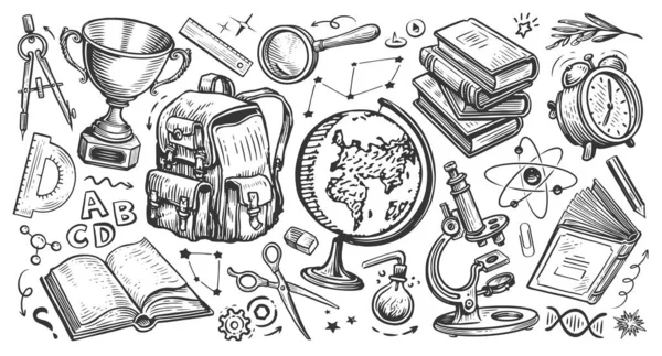 Set of school items. Sketch illustration in hand drawn doodle style. Back to school, education concept