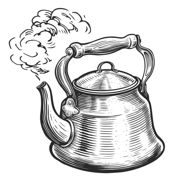 沸腾的水壶和蒸汽 素描复古插图 — 图库照片