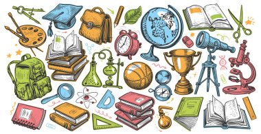 Okul eşyaları hazır. Eğitim malzemeleri koleksiyonu. Okula geri dön, konsept vektör çizimi