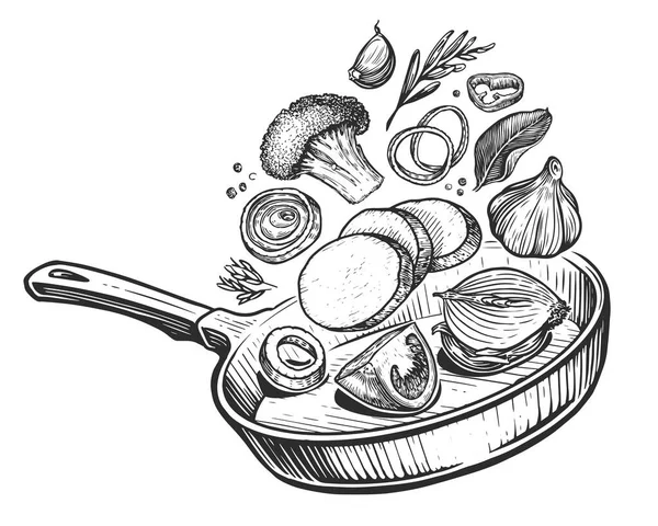 Świeże Składniki Patelnia Szkic Jedzenia Warzywa Przyprawy Ilustracja Wektora Gotowania — Wektor stockowy