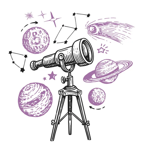 Telescope Watching Stars Planets Astronomy Space Exploration Concept Sketch Vector — Stock Vector