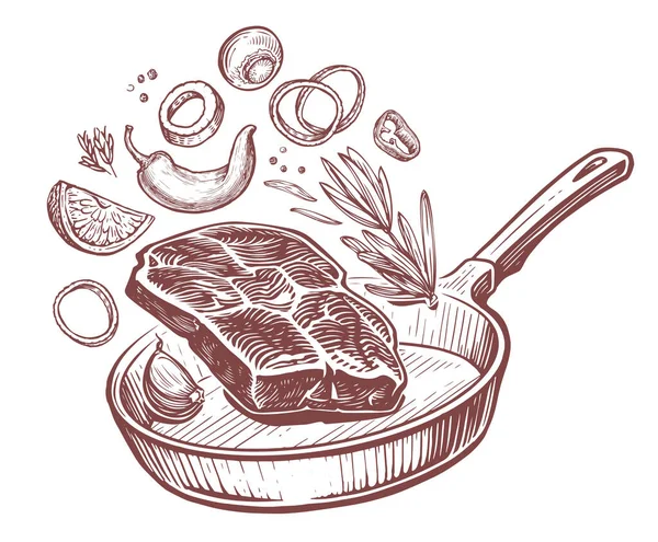 Kött Med Grönsaker Stekpanna Matlagning Matlagning Hem Kök Skiss Vektor — Stock vektor