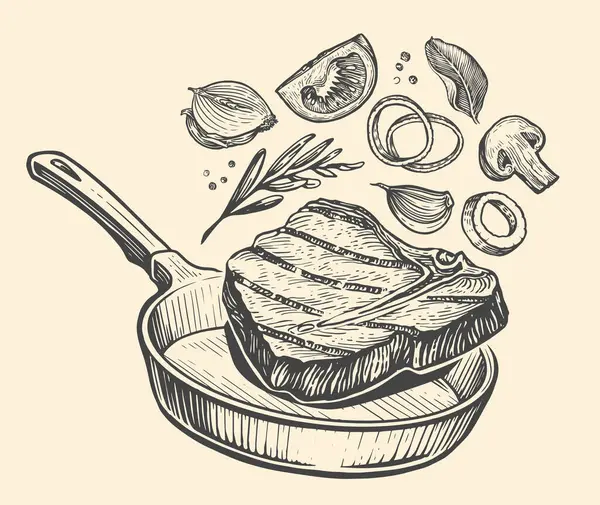 Gotowanie Stek Wołowy Przyprawami Warzywami Patelni Grill Pomysł Grilla Ilustracja — Wektor stockowy