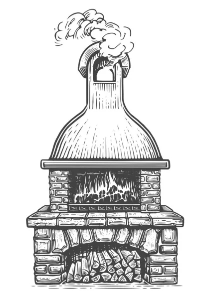 在后院烧烤或烧烤用的石子花园烤箱 烹调烧烤食物的概念 绘图矢量图解 — 图库矢量图片