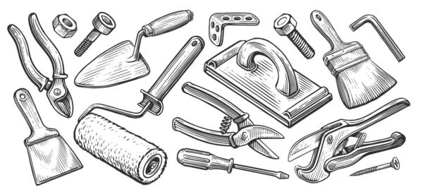 Bau Oder Reparaturbedarf Werkzeugset Handgezeichnete Skizzenillustration — Stockfoto