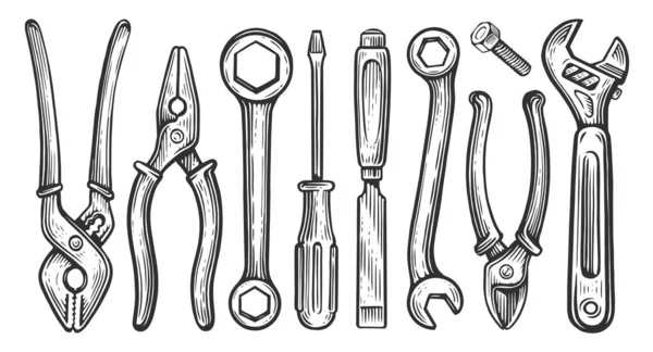 一套手工工具 用于或修理工作的建筑设备 手绘草图 — 图库照片