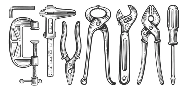 Set Working Tools Construction Equipment Repair Work Hand Drawn Sketch — Stock Photo, Image
