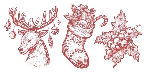 Jeleni Vánočními Ozdobami Ponožky Dárky Cesmíny Vintage Skica Vektorové Ilustrace — Stockový vektor