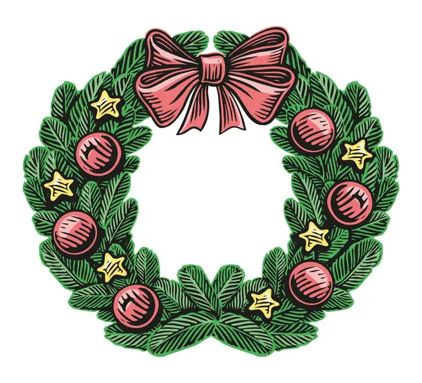 圣诞花环与冷杉树枝 球和弓隔离 假日符号矢量说明 — 图库矢量图片